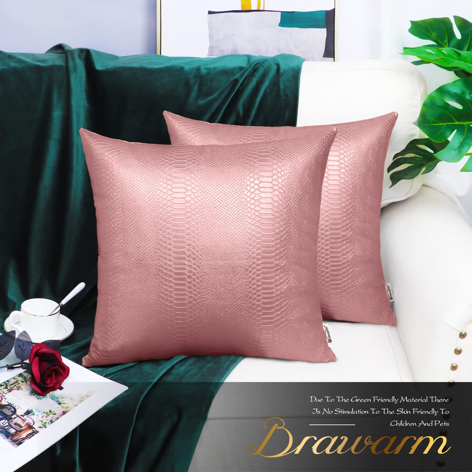 Brawarm Rose Gold Leather Throw Pillows 16 X 16 Inches, Snake Leather Pillow Covers Pack Of 2, Faux Leather Decorative Pillow Co